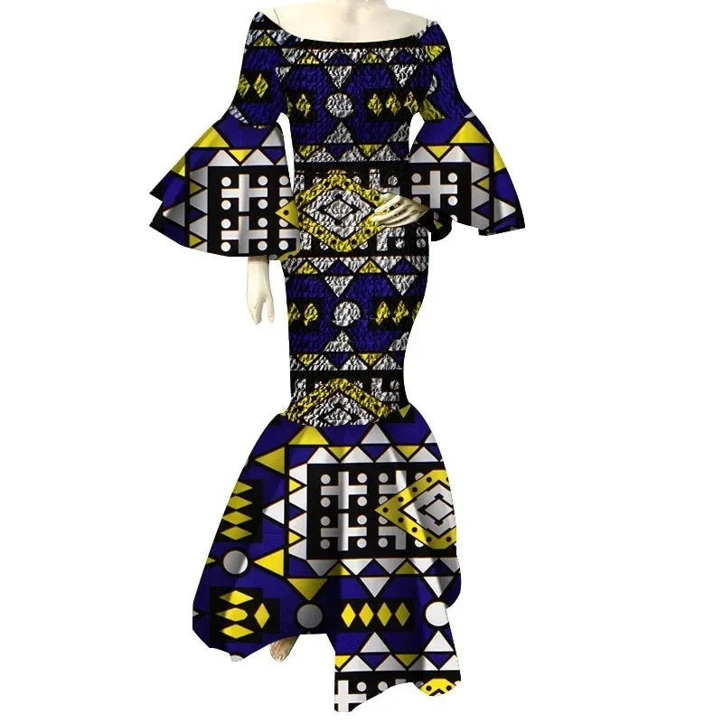 Women’s Ankara Print Ruffle Sleeve Stretch Maxi Dress – Draped | Kanga | Wedding, Party & Casual | XS–6XL + Custom | 9 Prints