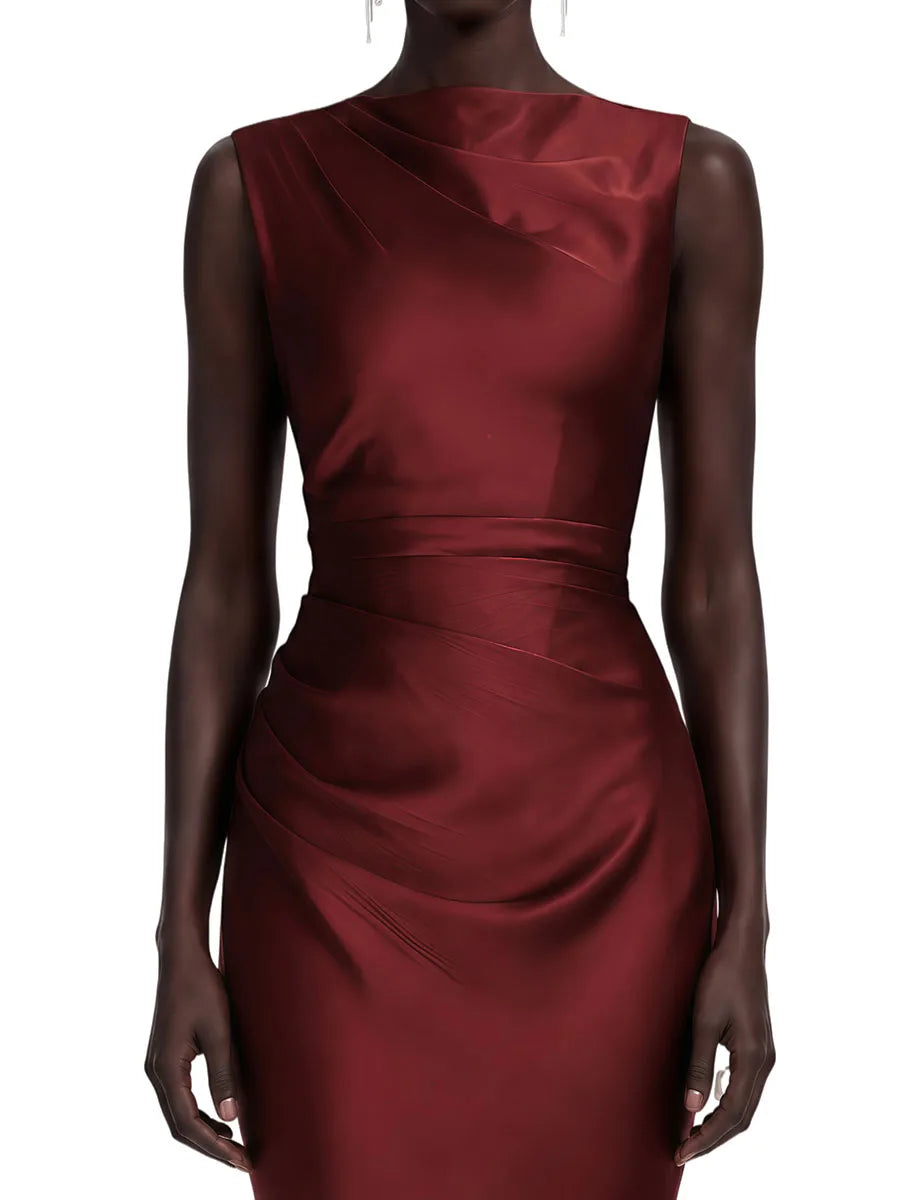 VGH Solid Fashion Satin Cowl Neck Maxi Dress For Women Sleeveless Ruched Waist Mermaid Hem Elegant Evening Banquet Chic Outfit