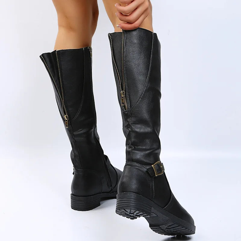 Women Knee High Boots Platform Long Boots Low Heels Round Toe Shoes New Zip Brown High Boot Vintage Pu Leather Women Boots 2025