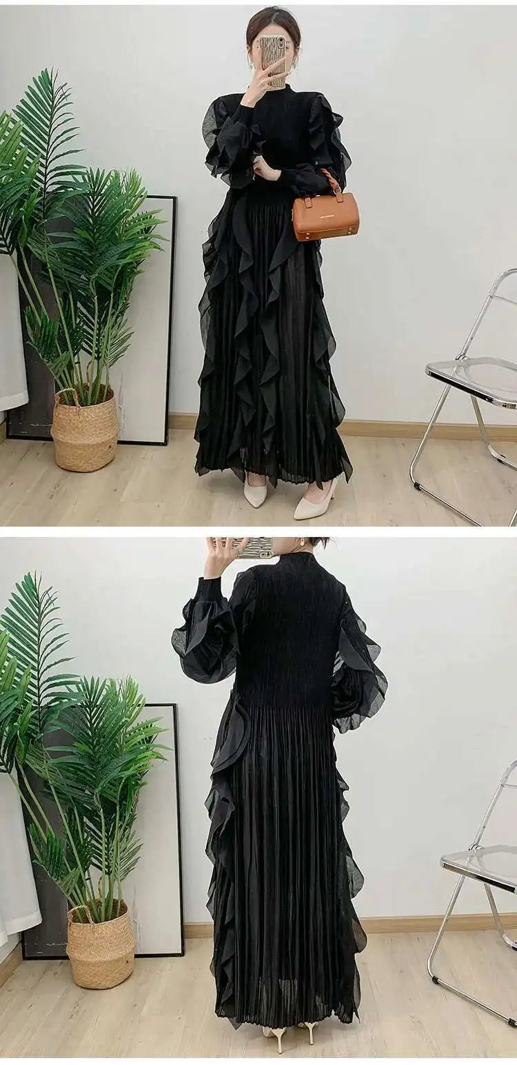 LANMREM Elegant Pleated Dress For Women Stand Collar Puff Sleeves High Stretch Personalized Dresses 2025 Spring New 2Z2817