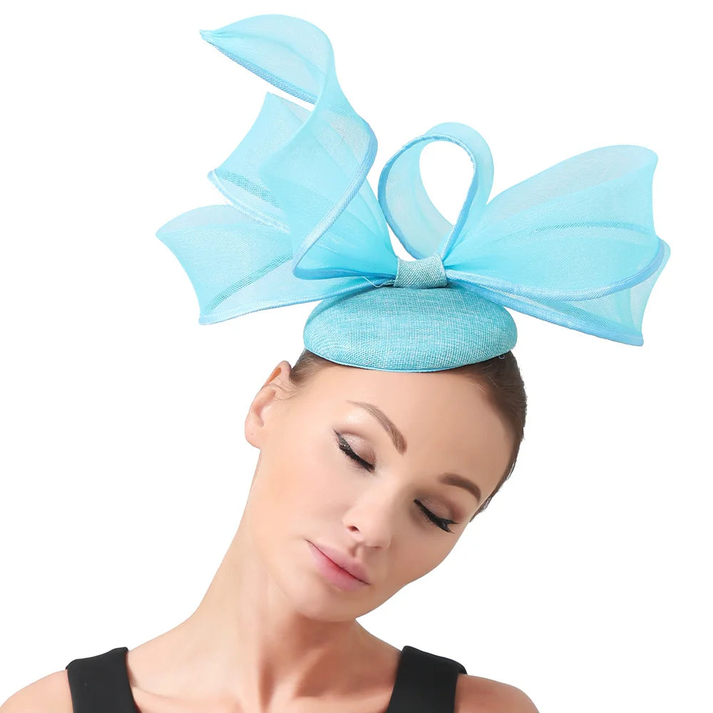 2025 New Fascinators Hat Beige Bowknot Light Blue Cocktail Fedoras Derby Accessory Headbands Lady Chuch Headpiece Headwear