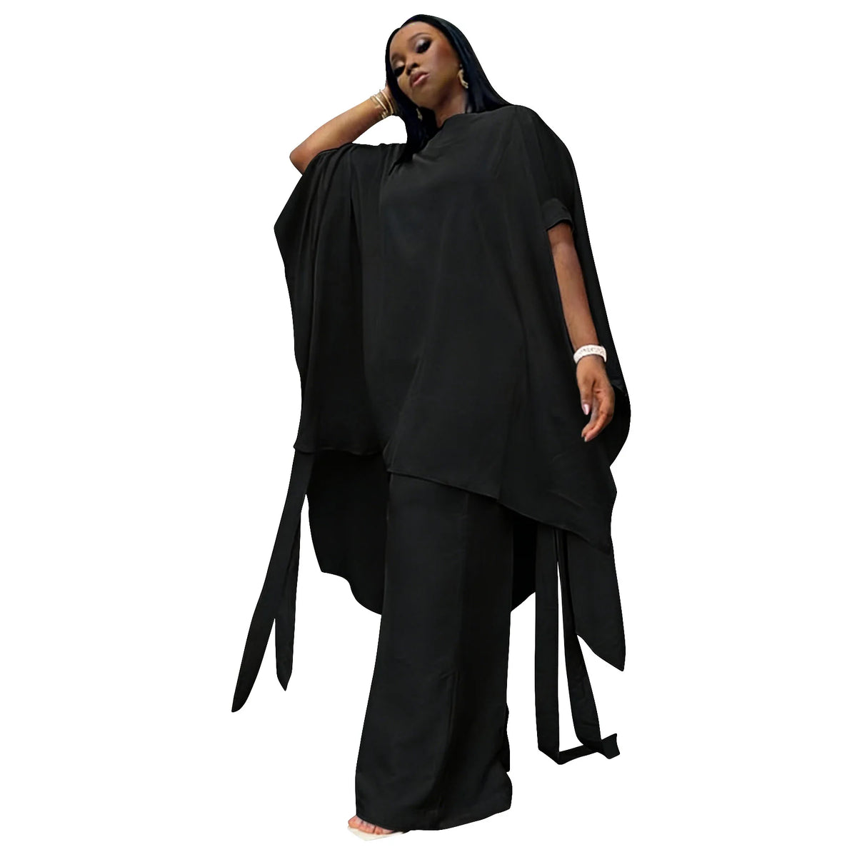 Plus Size Silk Satin Shawl Top & Wide-Leg Trouser Set