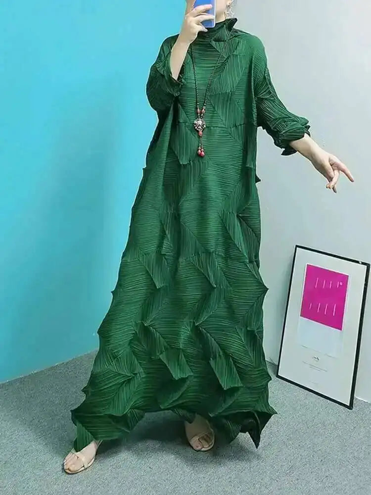 Women's Pleated Maxi Dress | Turtleneck Solid Colour Loose A-Line | Spring Summer 2025 | AvantBah