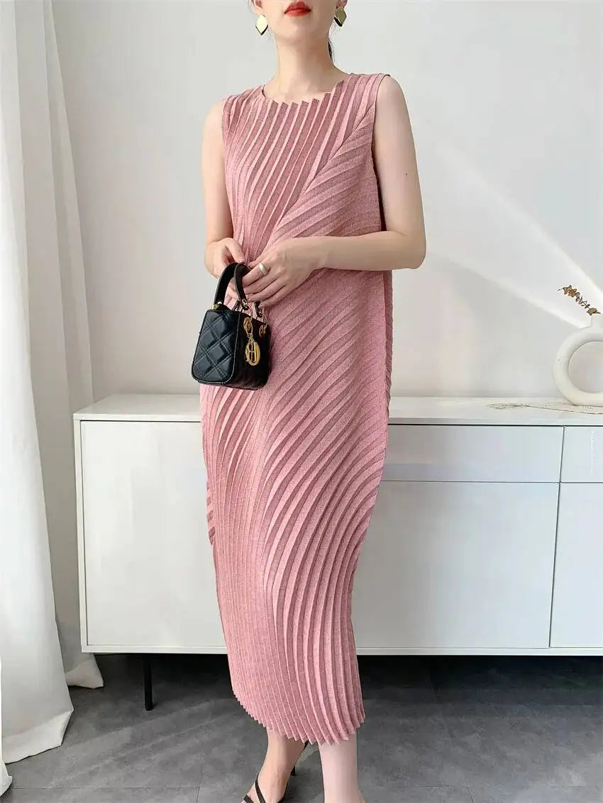 LANMREM Handmade Pleated Women's Sleeveless Summer Dress Wave Pattern Irregular Loose O-neck Mid-Length Pleated Dresses 2DB4814
