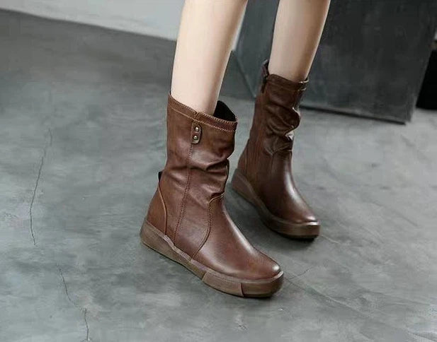 Footwear Half High Mid Calf Ladies Boots Flat Black Shoes For Women Round Toe Chic Point Hot Promotion Fashion 2025 Demi-season