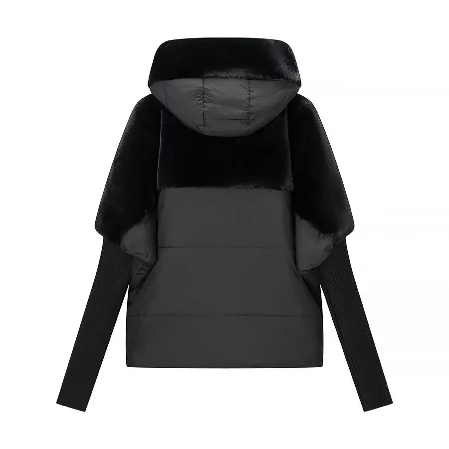 Women Fashion Hooded Patchwork Faux Fur Coat Knitted Sleeve Drop Shoulder Oversize Cotton Coats Autumn Winter 2026 Street Jacket