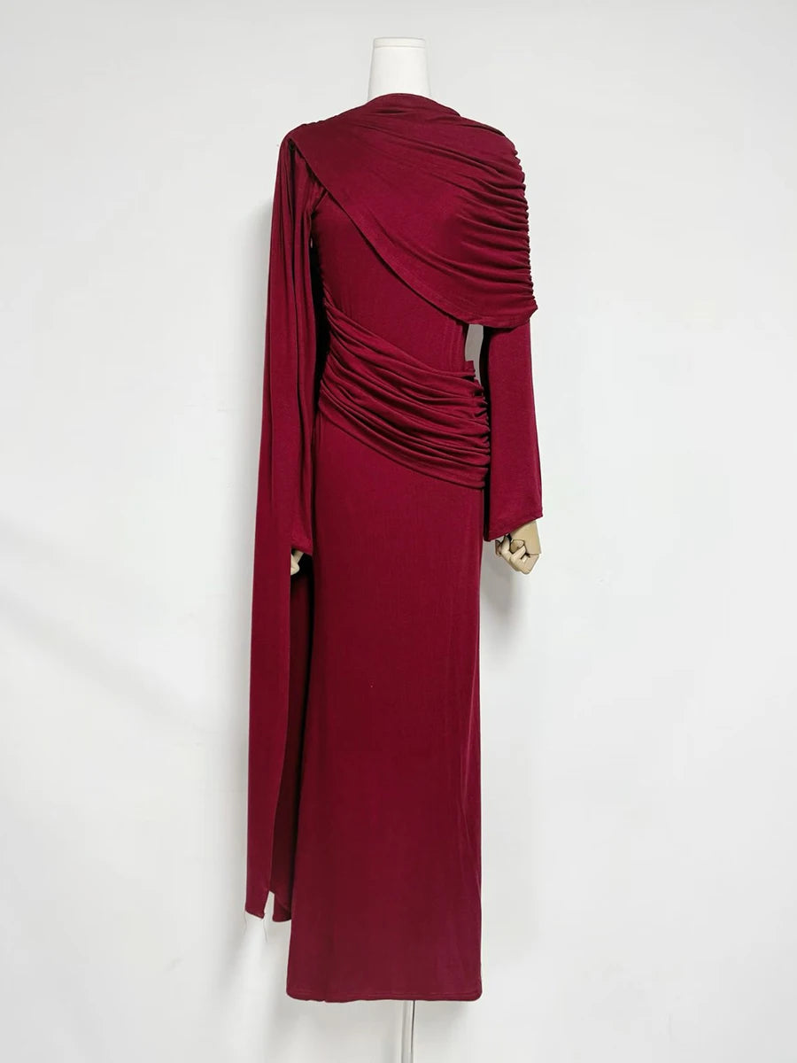 VGH Wedding Guests Green Shawl Mermaid Maxi Dress for Round Neck Flared Long Sleeve Draped Bodycon Skirt for Galas Red Carpet