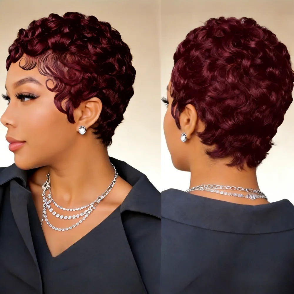 6-Inch Remy Human Hair Pixie Curly Wave Wig with Bangs | 150% Density Full Machine Made Wig, Easy To Wear for Daily Use & Partie