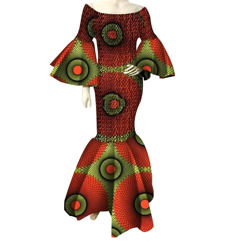 New African Dresses for Women Print Ruffles Sleeve Long Dresses Vestidos Stretch African Ankara Dresses Clothing WY4303
