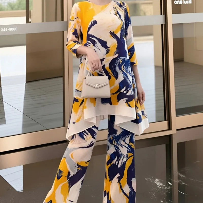 LANMREM Blue Green Tie-Dye Print Women's Two-piece Set Three-quarter Sleeves A-line Top Wide Leg Pants 2026 Spring New 2DB7115