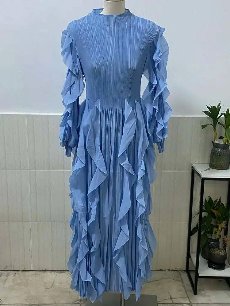 LANMREM Elegant Pleated Dress For Women Stand Collar Puff Sleeves High Stretch Personalized Dresses 2025 Spring New 2Z2817