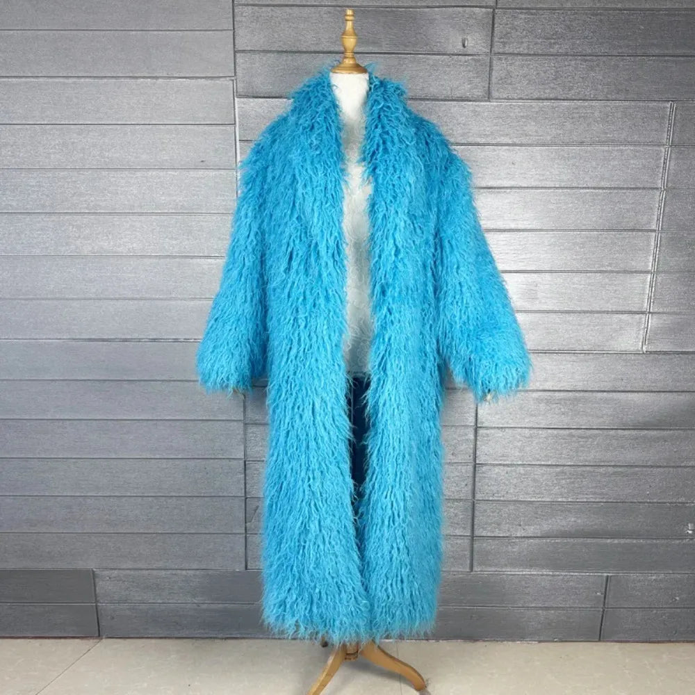 Veste en fausse fourrure femme, manteau long épais et duveteux pour l'hiver, shaggy, ouvert, col rabattu, streetwear