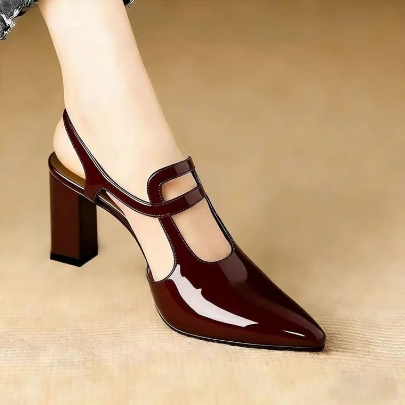 Women’s Vintage Mary Jane Slingback Pumps – Block Square Heel | Pointed Toe | Double Strap | Cutout | Waterproof | CN 35–41 | Black & Red