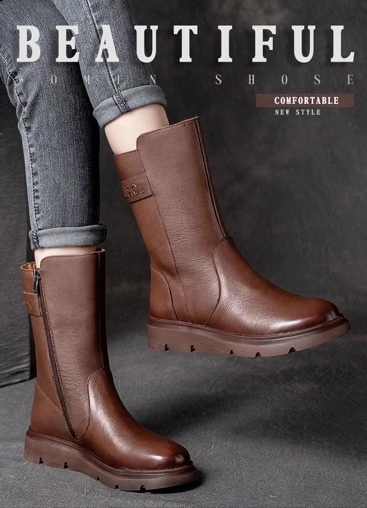 Genuine Leather Mid-Calf Motorcycle Boots Women's Autumn Winter New Style Retro Soft Bottom  Boots Trendy Short Boots