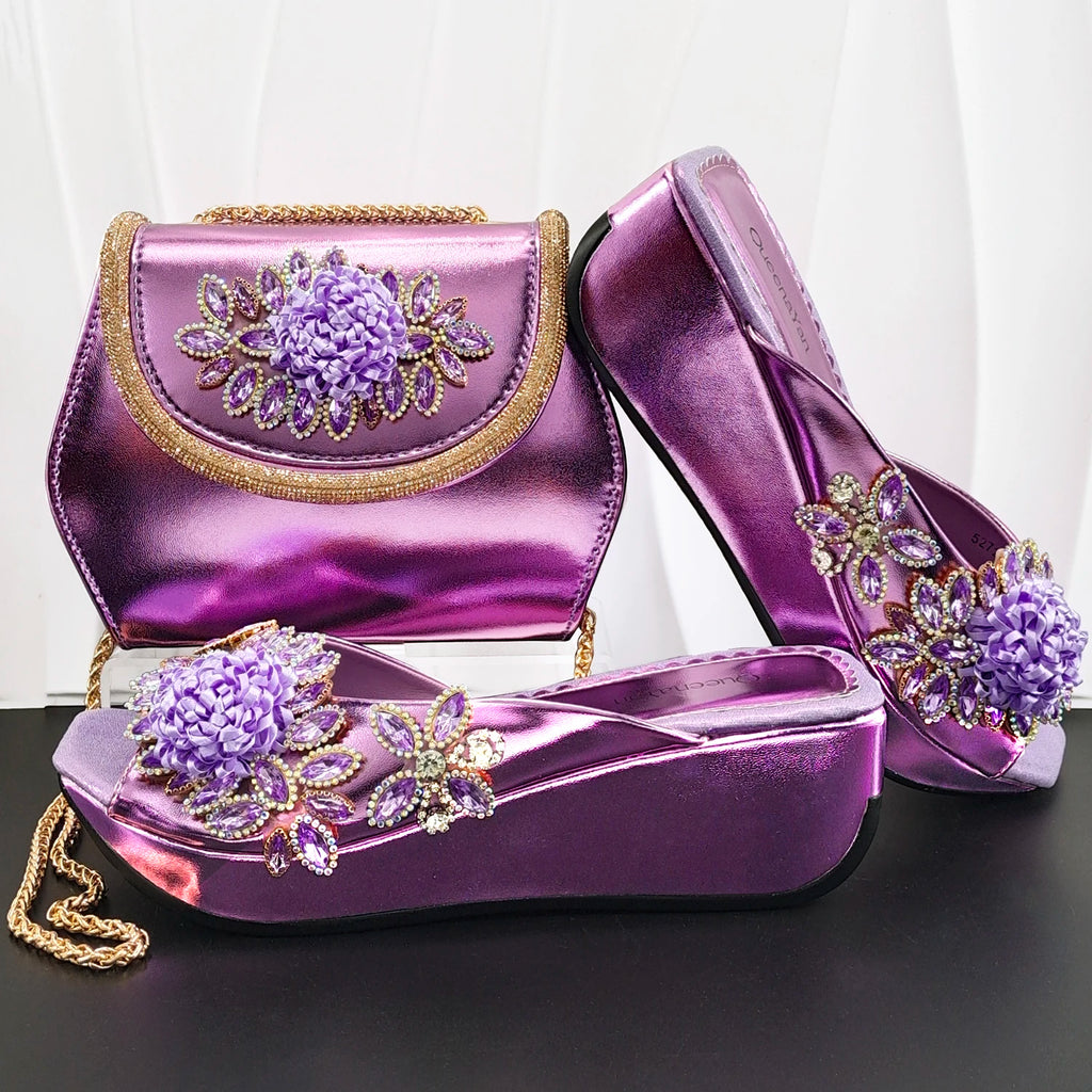 Newest Italian Design Special Synthetic Fabrics Women's Wedge heel Matching Shoe and Bag Set High Heel for Weddings and Parties