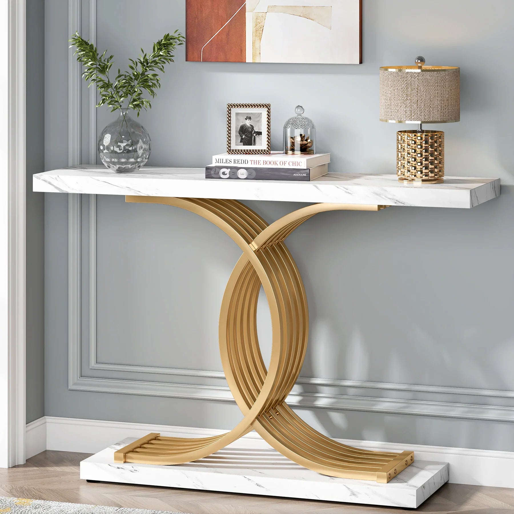 Gold Entryway Table, Modern 39-Inch Console Faux Marble Narrow Wood Sofa with