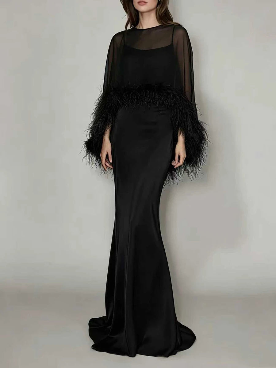 VGH Formal Feather Cape Sleeve Maxi Dress for Women O Neck Spaghetti Strap Floor Length Long Evening Prom Cocktail Party Gown