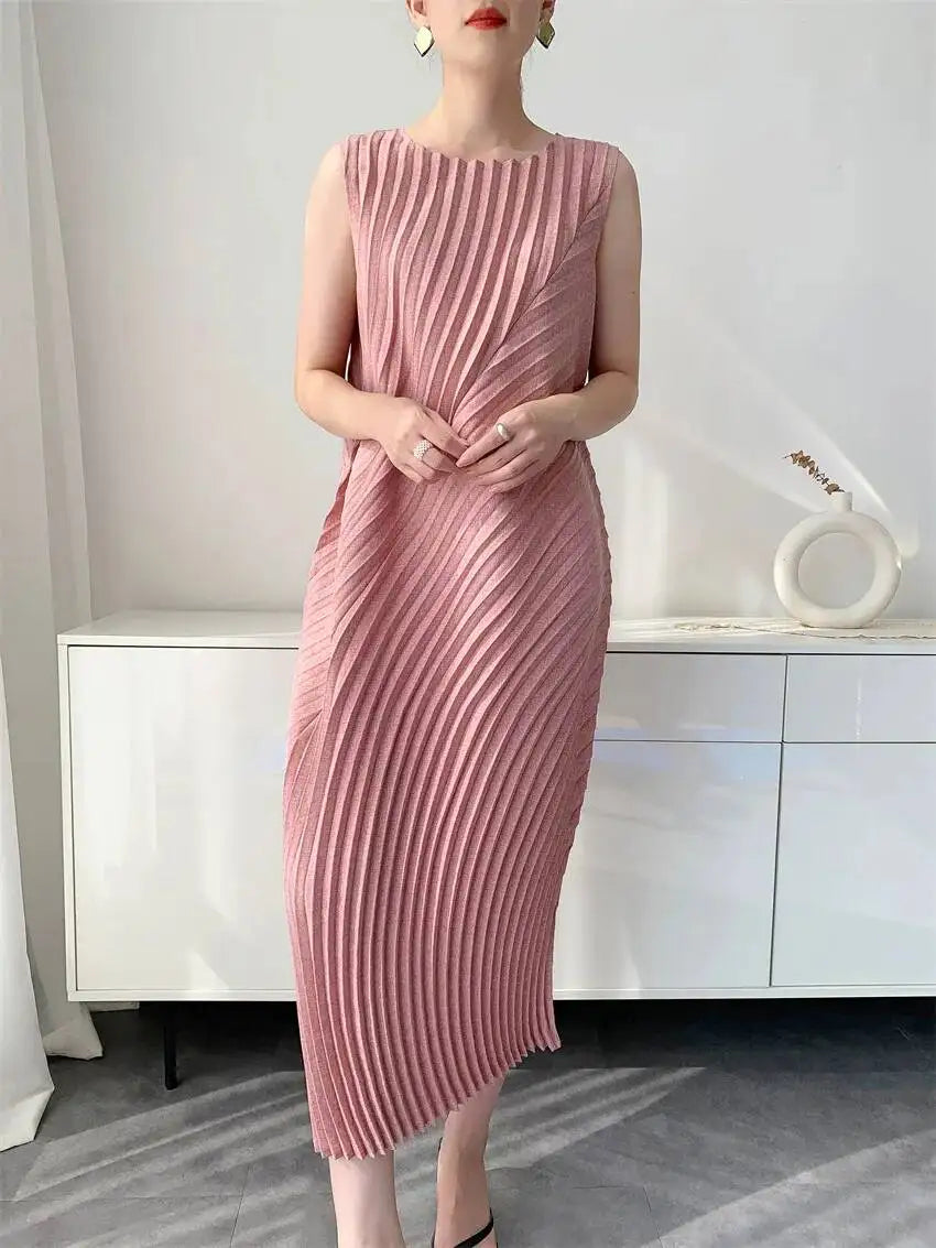 LANMREM Handmade Pleated Women's Sleeveless Summer Dress Wave Pattern Irregular Loose O-neck Mid-Length Pleated Dresses 2DB4814