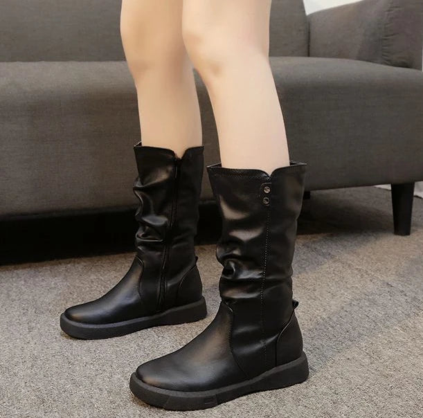 Footwear Half High Mid Calf Ladies Boots Flat Black Shoes For Women Round Toe Chic Point Hot Promotion Fashion 2025 Demi-season