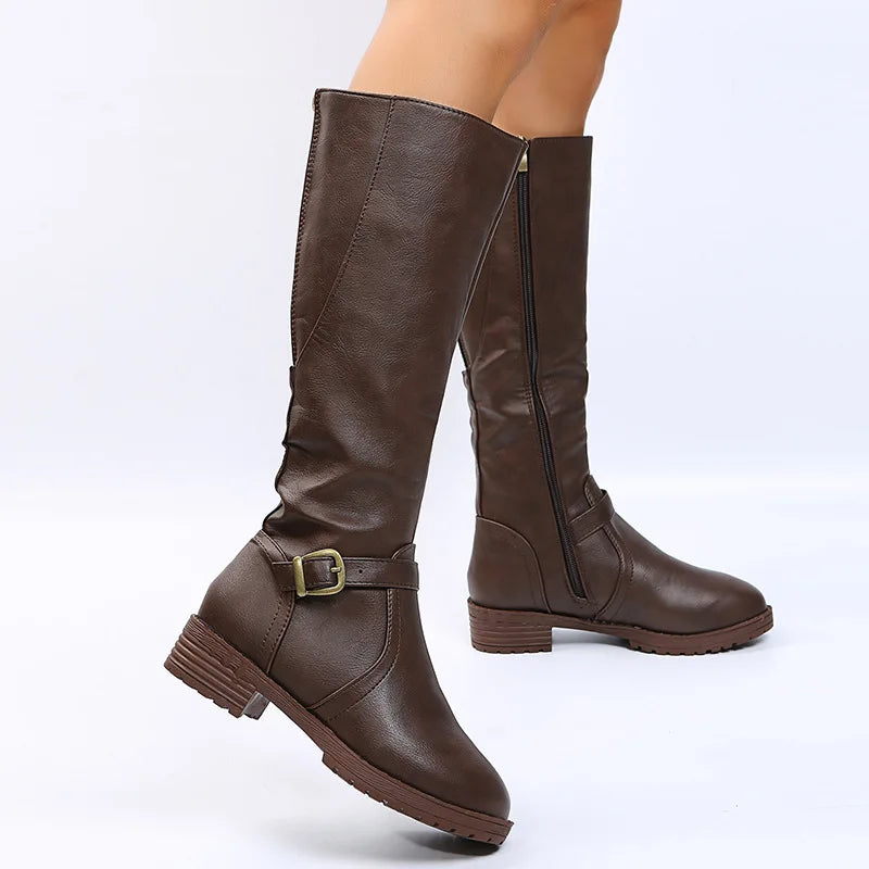 Women Knee High Boots Platform Long Boots Low Heels Round Toe Shoes New Zip Brown High Boot Vintage Pu Leather Women Boots 2025