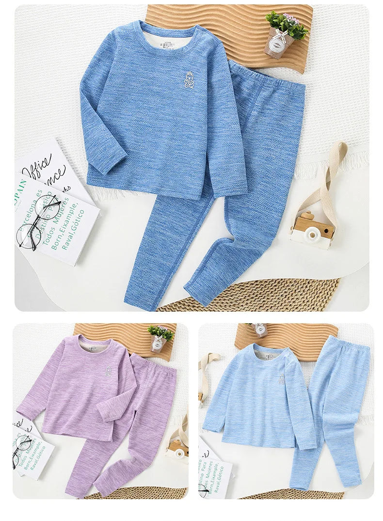 Boys Thermal Fleece Thermal Underwear 37°C Constant Temperature Warm Two-Piece Winter Pajamas Set Unisex Kids Long Johns for Ages 7-13