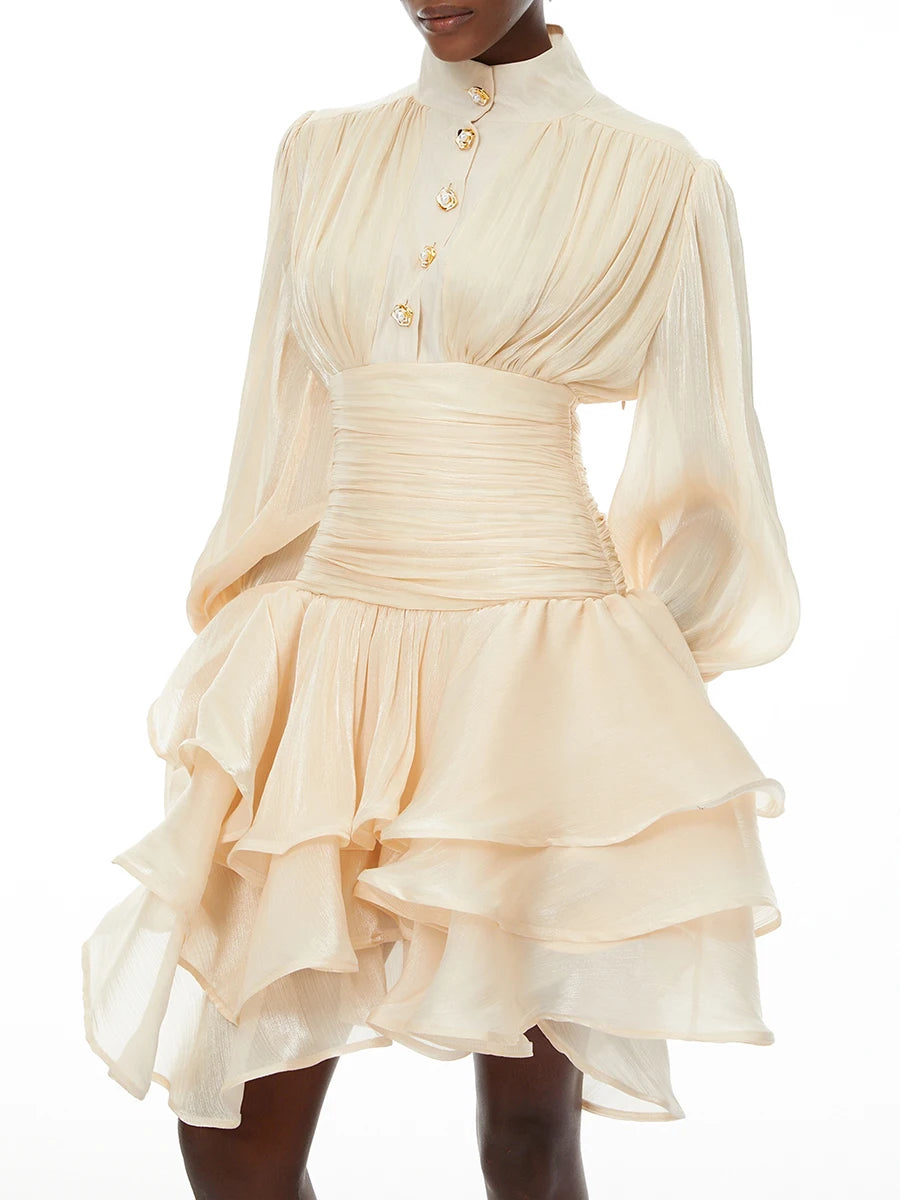 VGH Elegant Pink High Neck Organza Fabric Mini Dresses for Women Puff Sleevs Ruched Waist Tiered Ruffles for Cocktail Parties