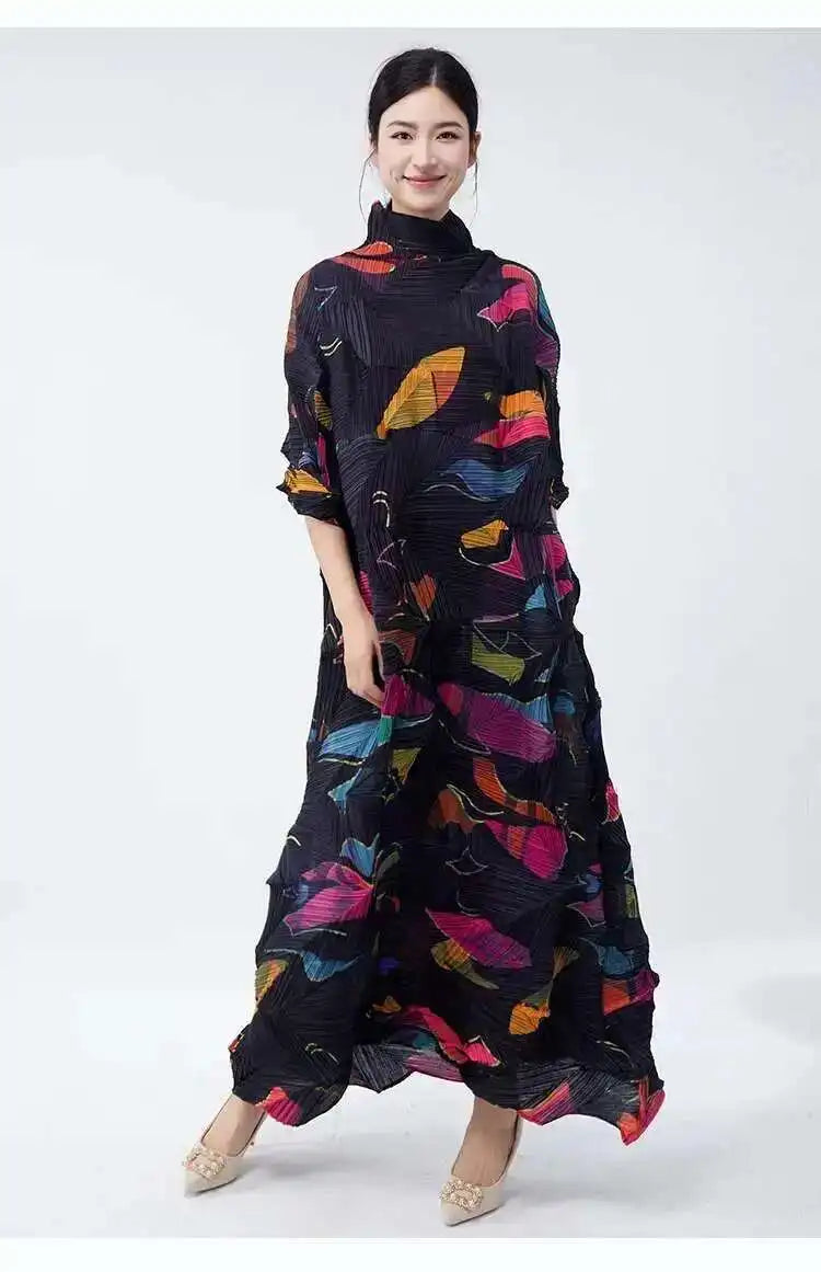 LANMREM Large Size Pleated Dress For Women Turtleneck Printing Loose Dresses Female Casual Clothing 2025 Spring New 2DB2113