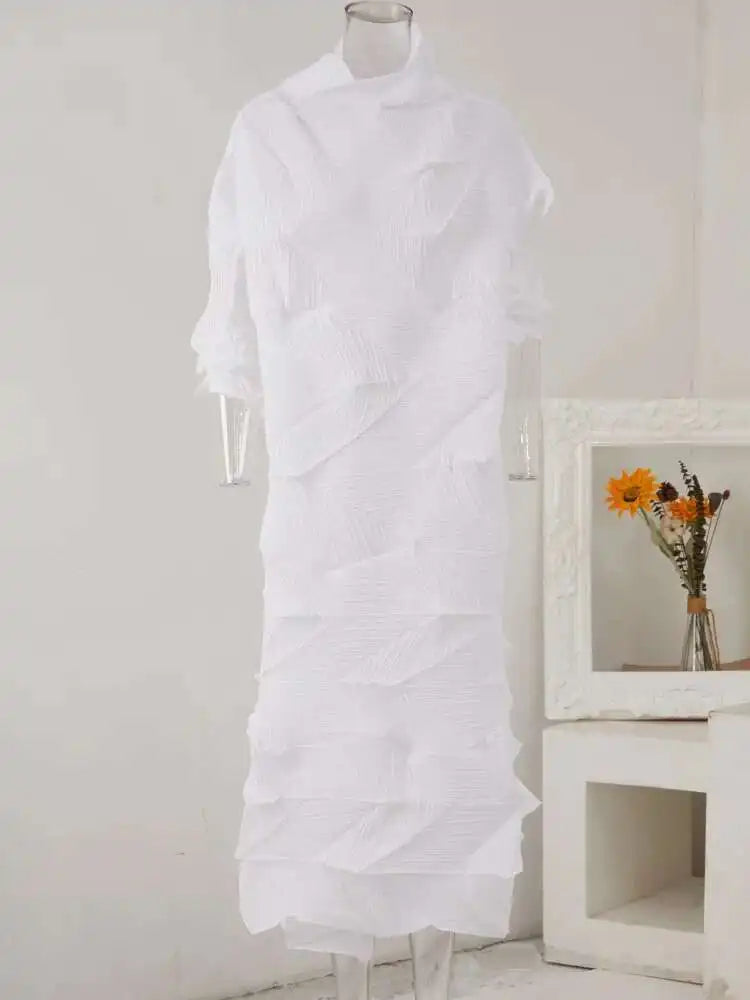Women's Pleated Turtleneck A-Line Maxi Dress | Vintage Loose Fold Petal Sleeve | Spring 2025 | AvantBah