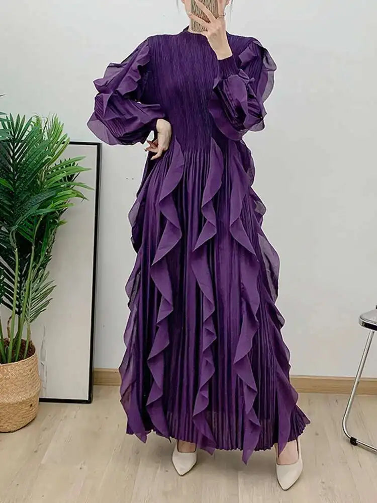 Women's Pleated Stand-Collar A-Line Dress