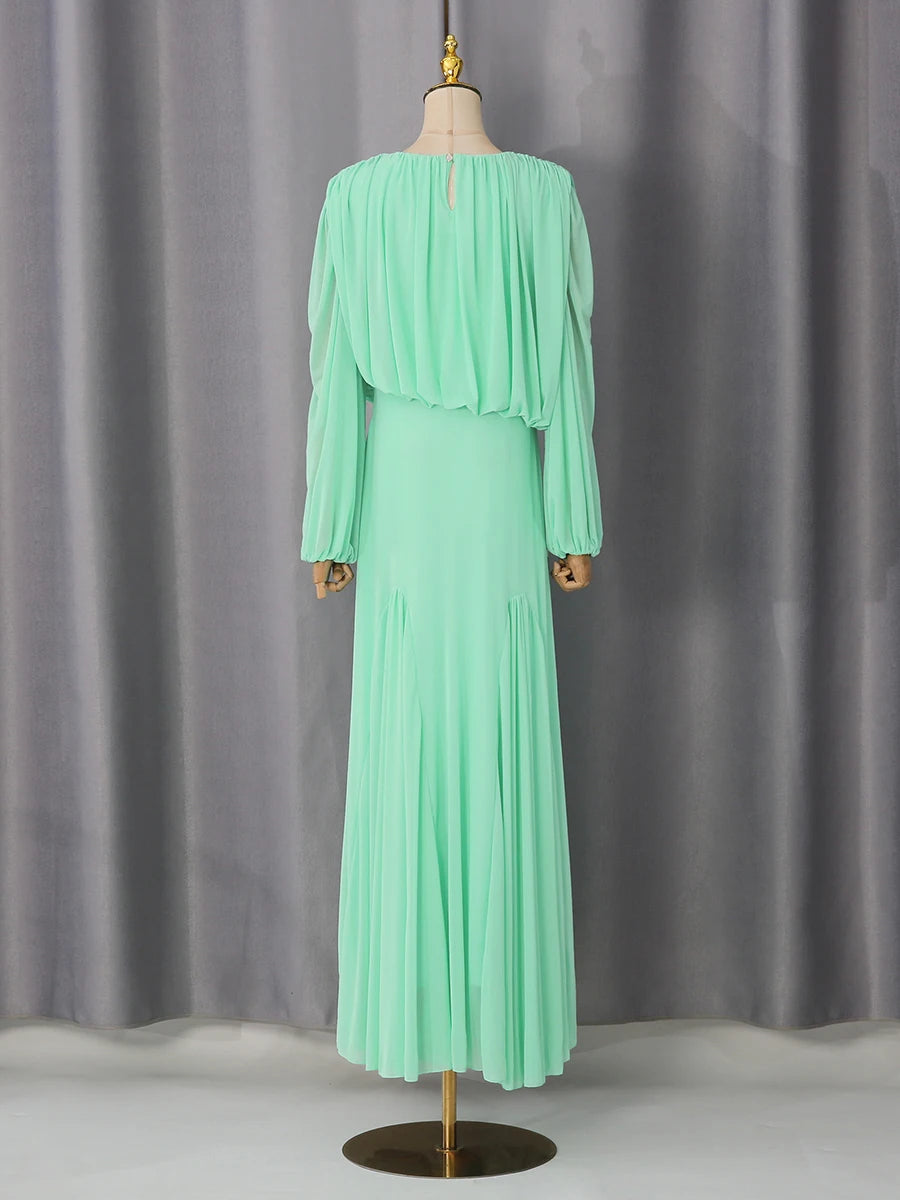 VGH Yellow Dinner Loose Folds Maxi Dresses for Women O Neck Shoulder Pud High Waist Temperament Dress Female Fashion Clothing