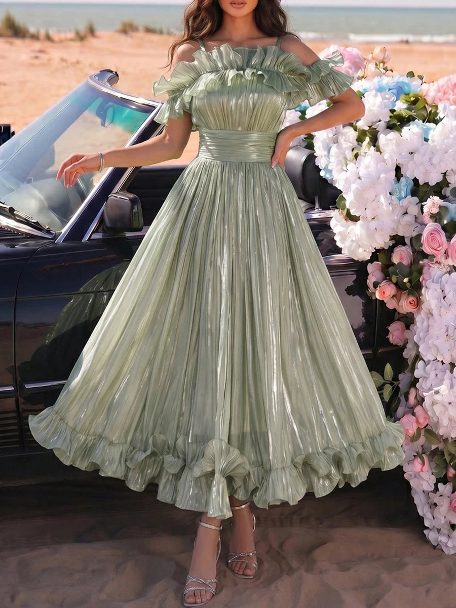 VGH Elegant Off Shoulder Ruffle Midi Maxi Dress for Women Shiny Pleated Waistband Back Zipper for Formal Prom Evening Party Gown