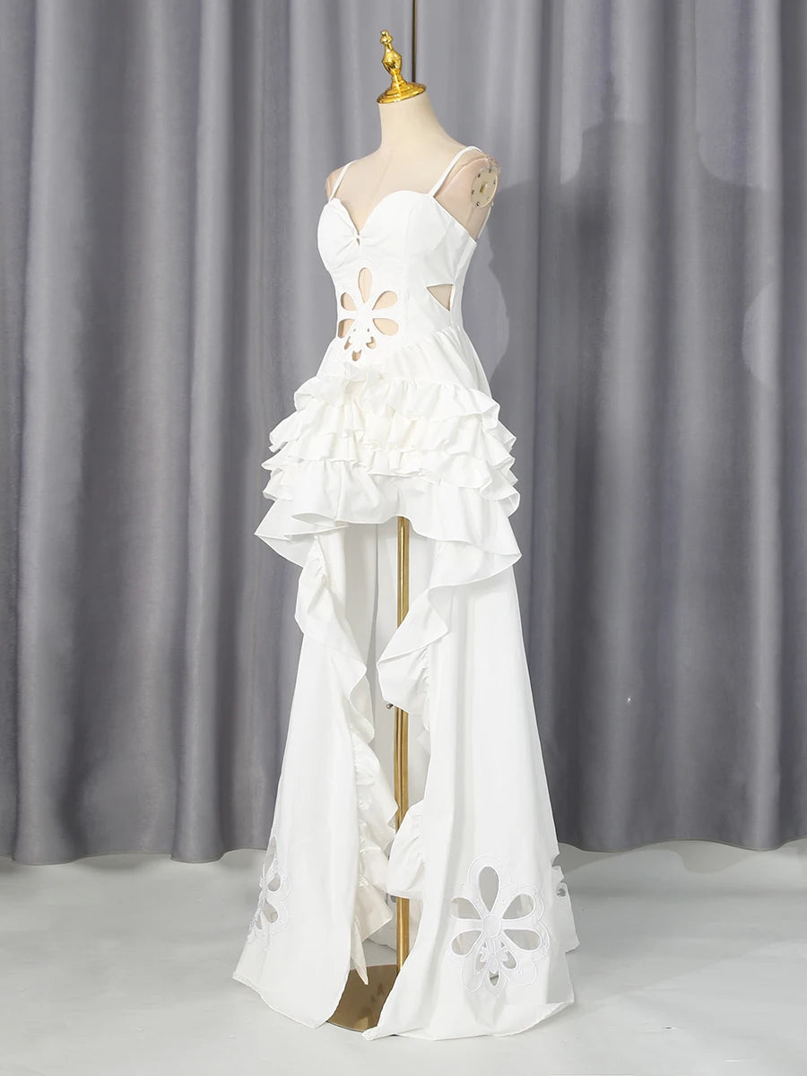 VGH Romantic Boho Delicate Dreamy Ruffled Summer High Low Dress for Women Spaghetti Strap Floral Cutout Hollow Maxi Party Gown
