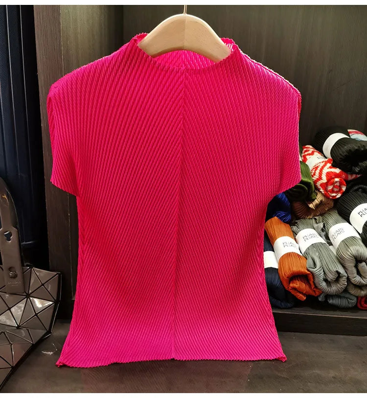 LANMREM Stand Collar Dragon Scale Pleated T-shirt High-end Versatile Slimming Short Sleeved Women's Summer Pullover Tops 2DB3044