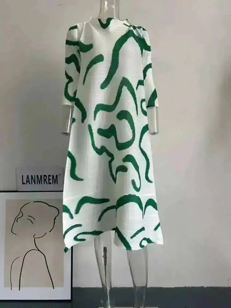 LANMREM Color Block Pleated Dress Women Loose Style Long Length Fashion Dresses Festival Clothes 2024 Spring Summer New 2DA1028