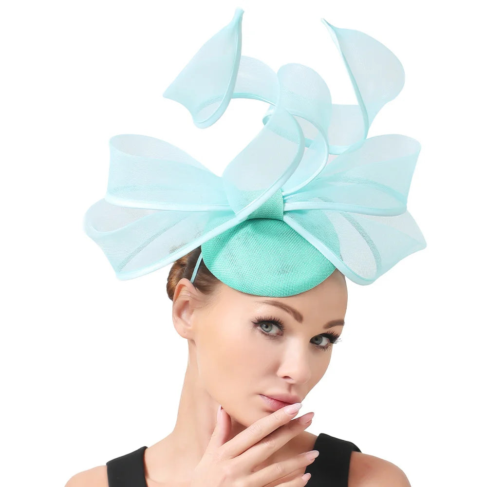 2025 New Fascinators Hat Beige Bowknot Light Blue Cocktail Fedoras Derby Accessory Headbands Lady Chuch Headpiece Headwear