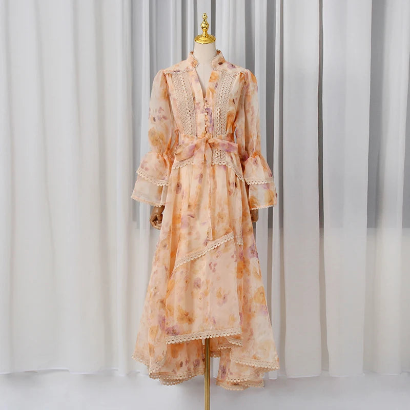 VGH Spring Colorblock Printing Dress for Women Stand Collar Puff Sleeves High Waist Elegant Birthday Party Long Dresses Female
