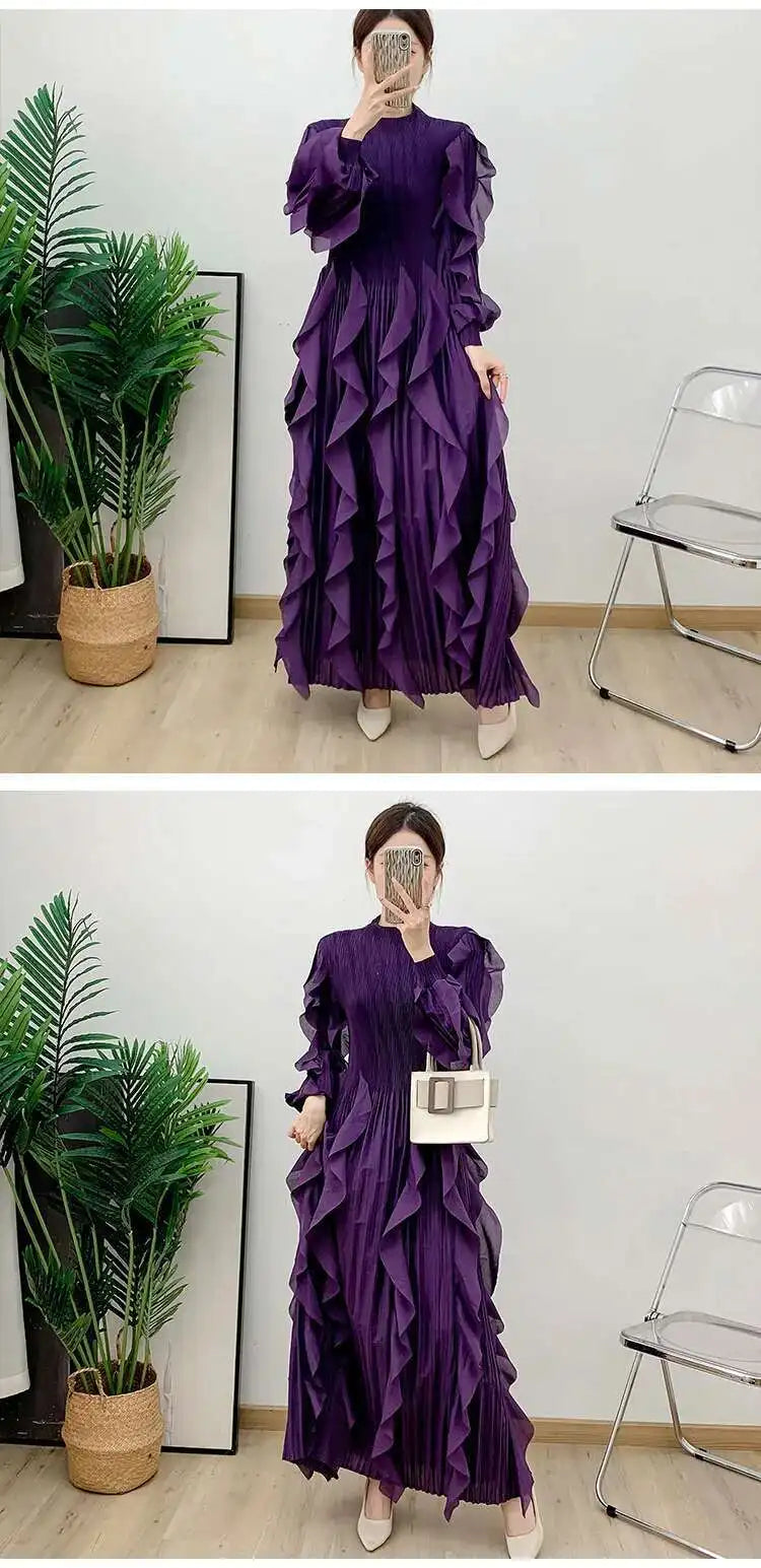 LANMREM Elegant Pleated Dress For Women Stand Collar Puff Sleeves High Stretch Personalized Dresses 2025 Spring New 2Z2817