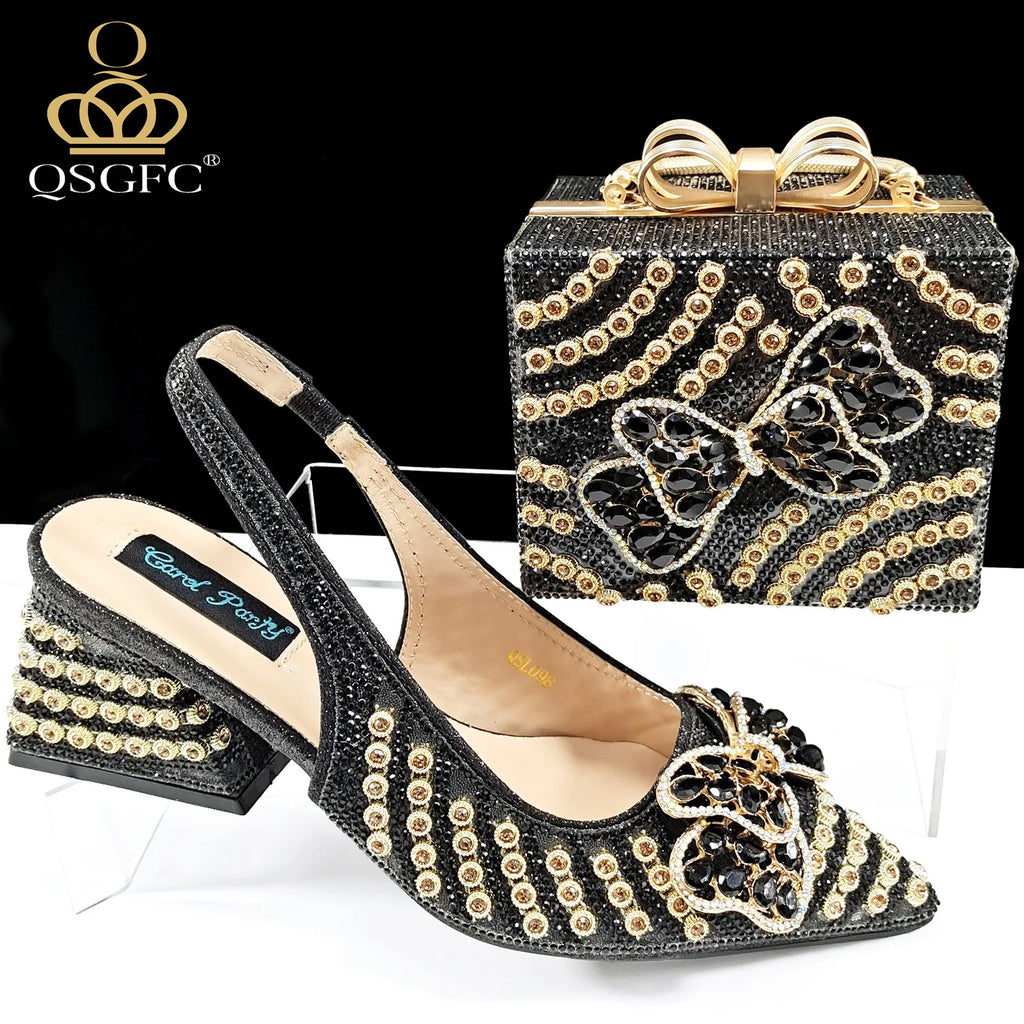 2026 New Arrival Italian-Inspired Champange Rhinestone Pointed Toe Women’s High Heels with Matching Handbag Set Elegant Wedding