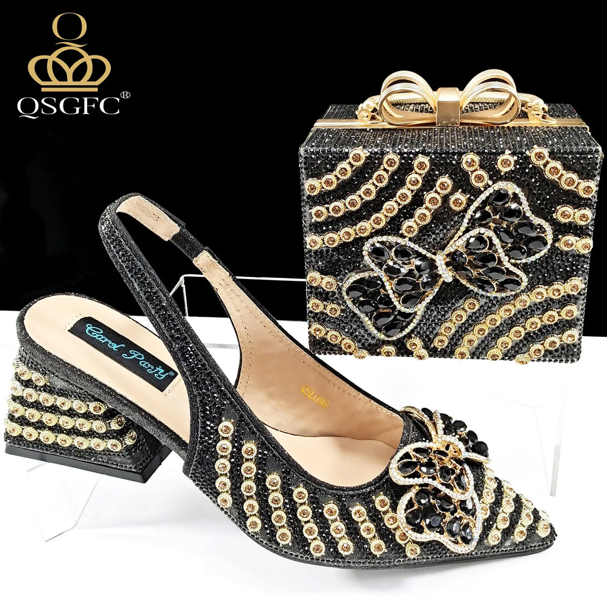 2026 New Arrival Italian-Inspired Champange Rhinestone Pointed Toe Women’s High Heels with Matching Handbag Set Elegant Wedding