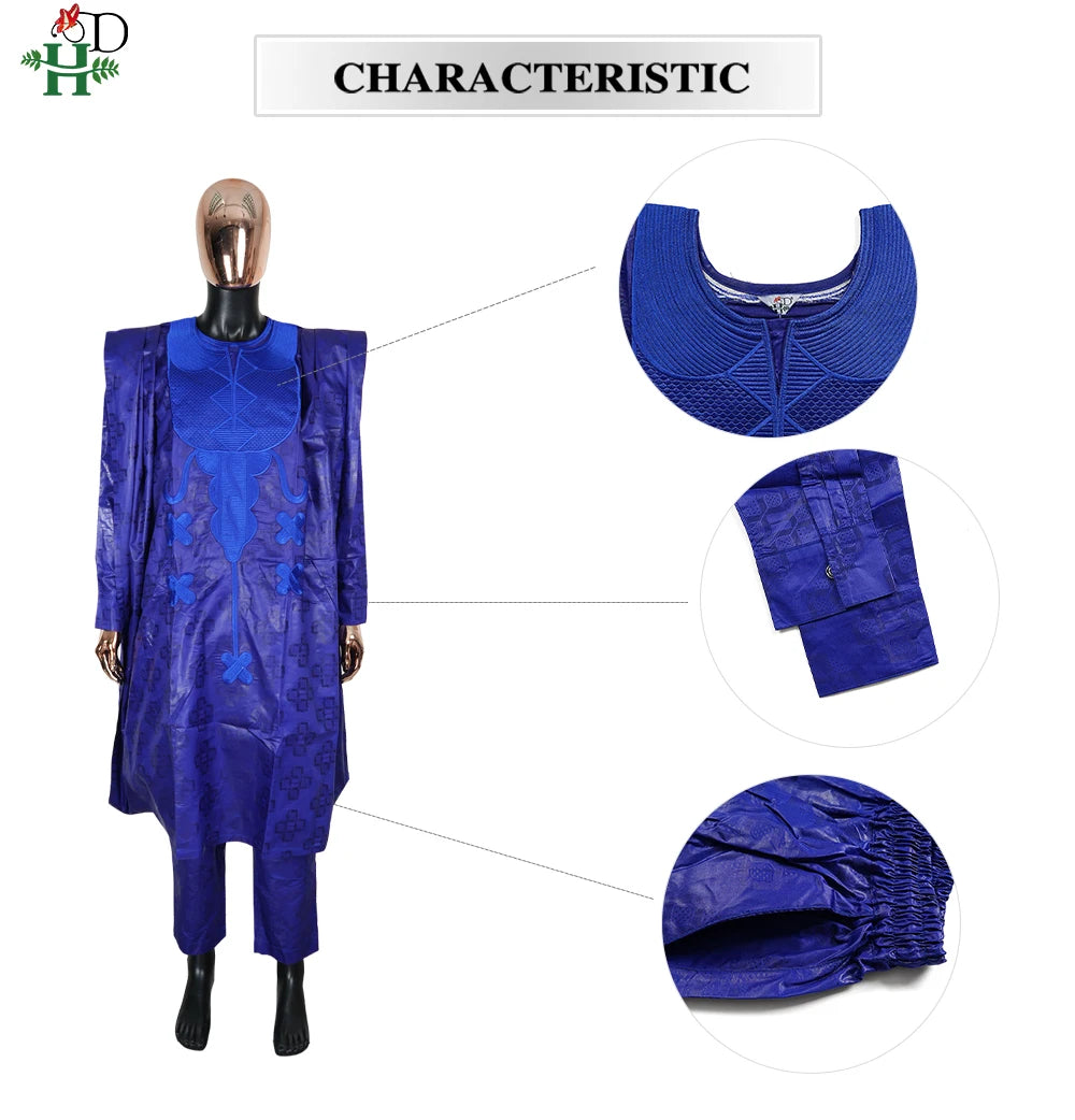Men's African Traditional 3PCS Outfit  Blue Bazin Riche Agbada Embroidered Robe