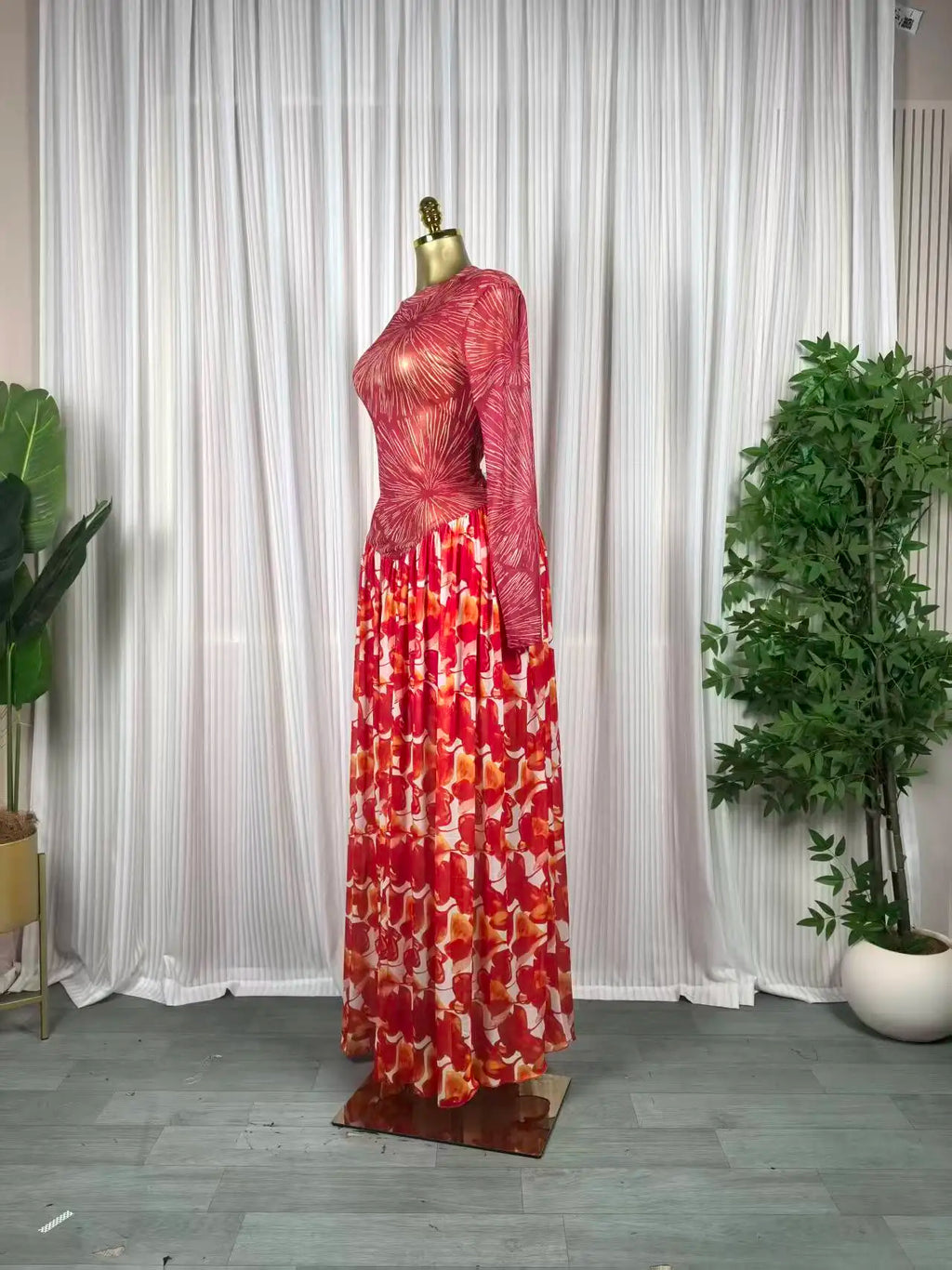 Women leaf Print patchwork smock Midi A-line Long Maxi Elegant Evening Dresses