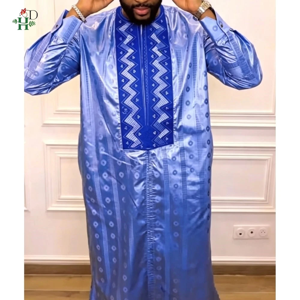 H&D 2026 African Clothing For Man Traditional Agbada Sets 3PCS Blue Thobe Pant Suits Bazin Riche Embroidery Wedding Party Dress