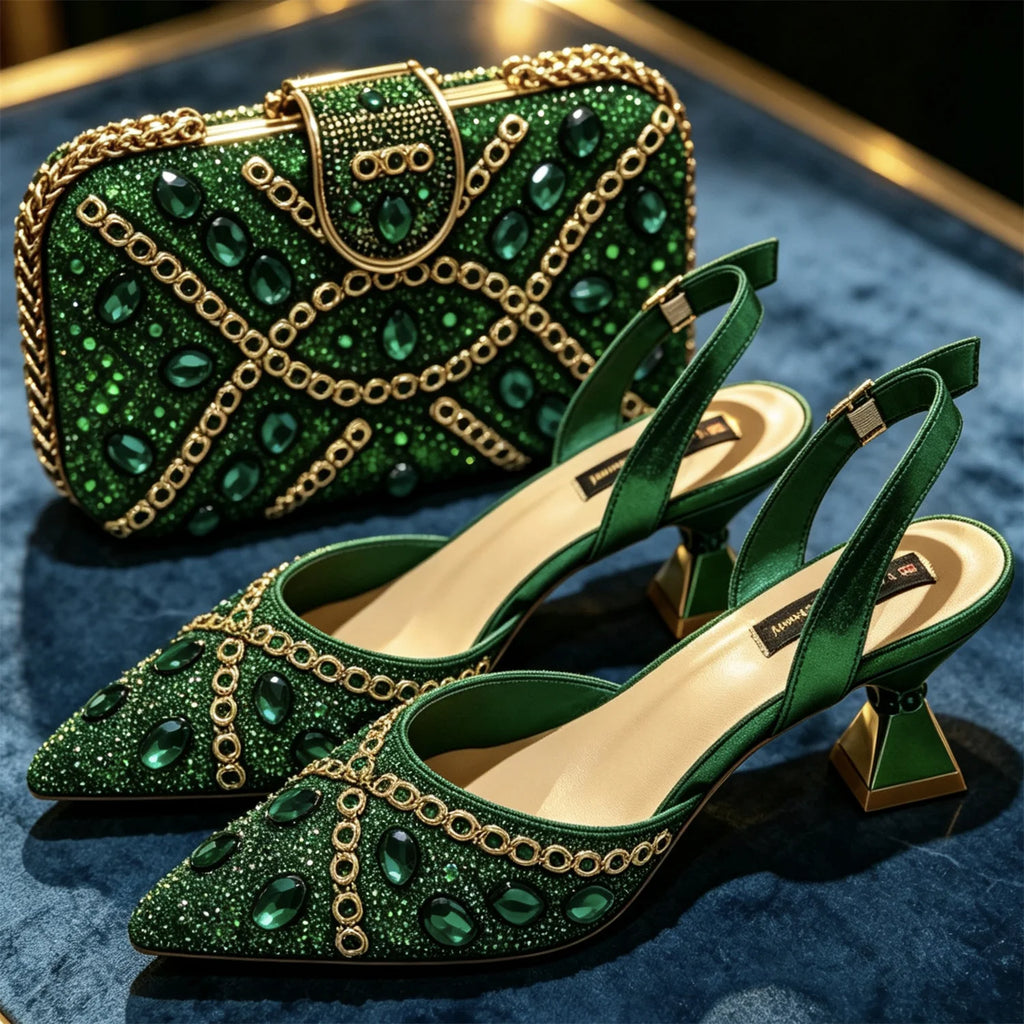 New Italian Design Blue Rhinestone High Heel Shoes & Bag Set Elegant Pointed-Toe For Women Wedding Party Evening Occasions