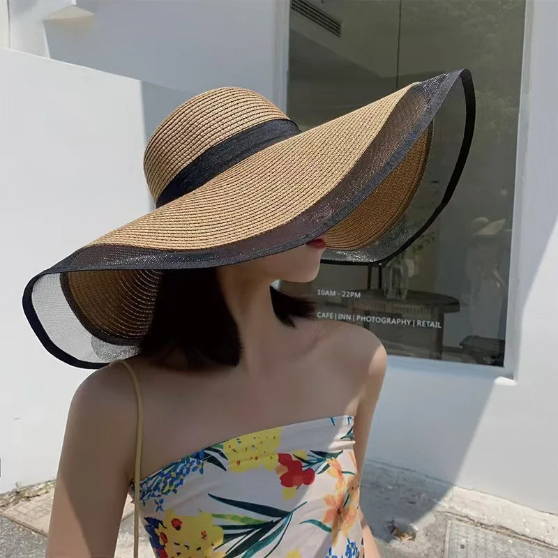 1pc Sun Hat Big Eaves Waves Beach Cap for Women,Summer Straw Hats Big Brim Sun Visors UV Foldable Bucket Panama Caps for Tralve