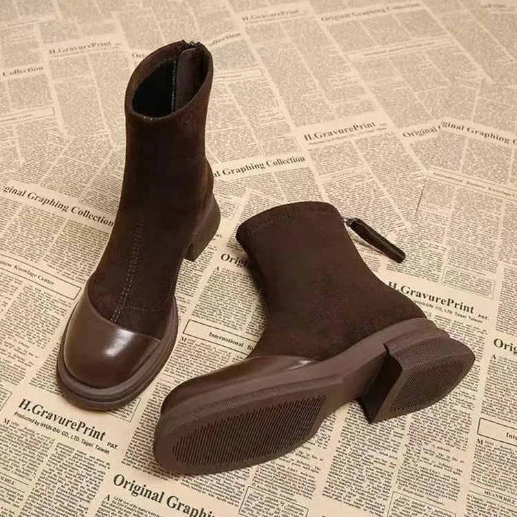 Women Patchwork Suede Ankle Boots Back Zipper Chunky Platform Heel Short Boots Fashion Autumn Winter Botas Mujer