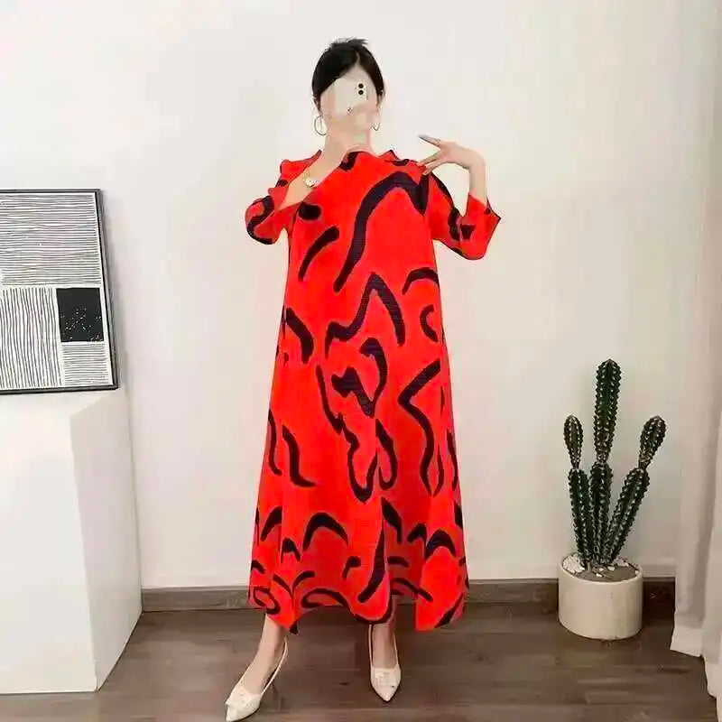 LANMREM Color Block Pleated Dress Women Loose Style Long Length Fashion Dresses Festival Clothes 2024 Spring Summer New 2DA1028