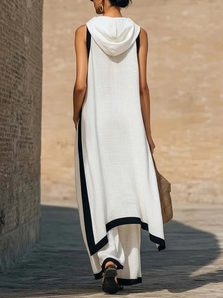 Women's Two-piece Sleeveless Contrasting Color Wide-leg Trousers Summer Casual Fashion Solid Color Irregular Suit For Women