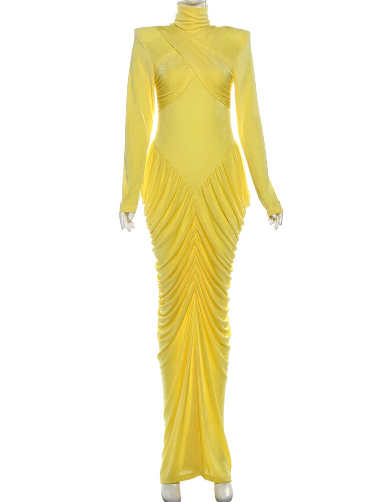 Weird Puss Autumn New Style Maxi Dress Women Turtleneck Full Sleeve Backless Skinny Stretch  Prom Party Ruched Elegant Vestidos