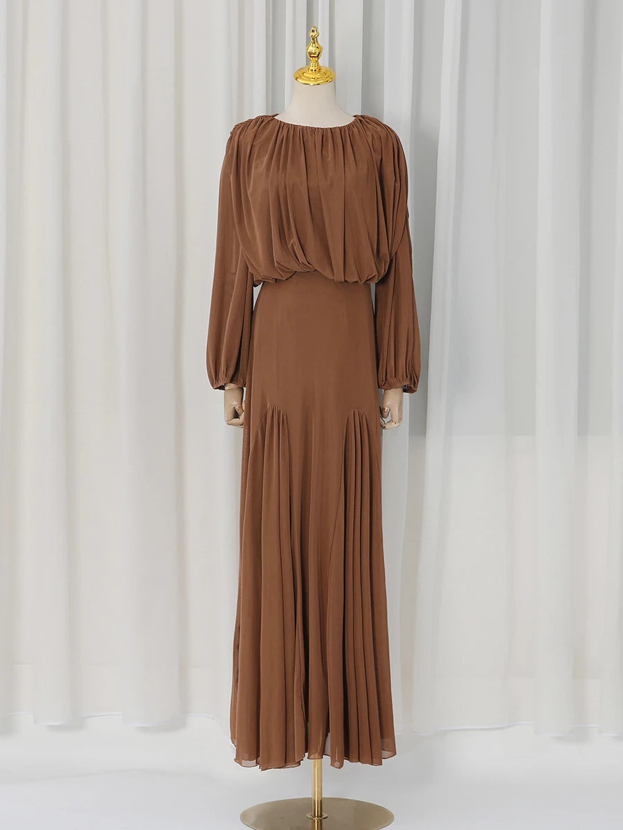 VGH Yellow Dinner Loose Folds Maxi Dresses for Women O Neck Shoulder Pud High Waist Temperament Dress Female Fashion Clothing