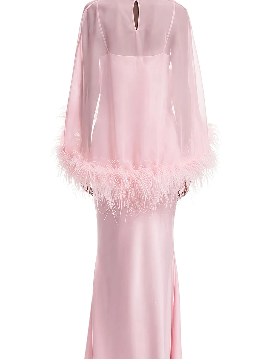 VGH Formal Feather Cape Sleeve Maxi Dress for Women O Neck Spaghetti Strap Floor Length Long Evening Prom Cocktail Party Gown